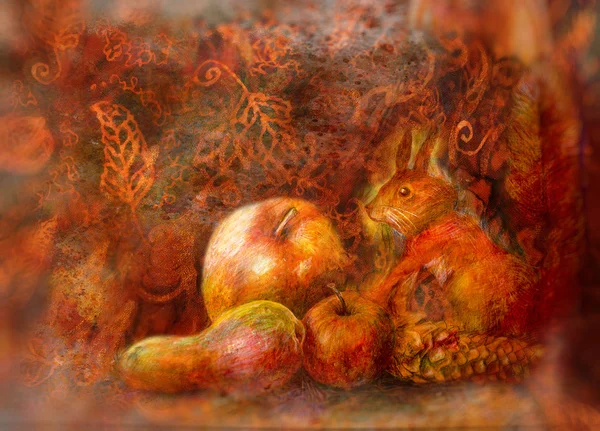 Fairy tale still life with squirrel and autumn fruits on abstract background Stock Picture
