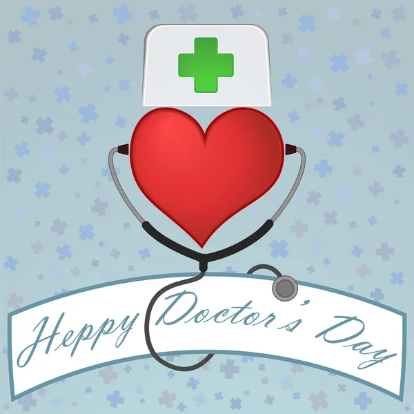 Mutlu doktorun gün. Kalp bir yeşil haç ve stetoskop tıbbi kapaklı