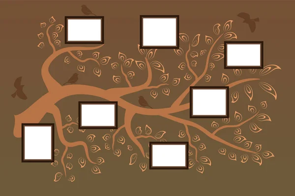 Bir dal yaprak, kuşlar ve bir aile albümü için fotoğraf çerçeveleri ile.