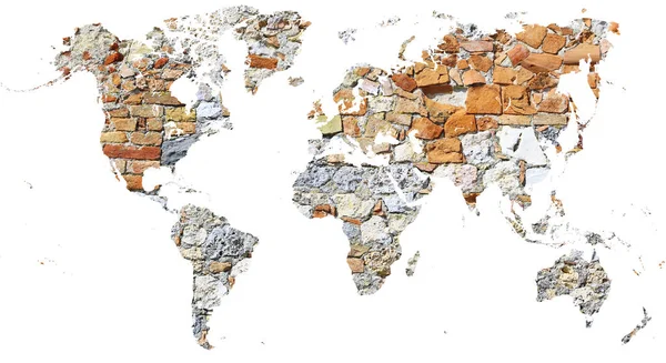 Mapa do mundo recortado na antiga parede feita de tijolos e pedras — Fotografia de Stock