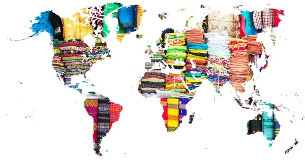 Mapa do mundo recortado em tecidos multicoloridos de Myanmar — Fotografia de Stock