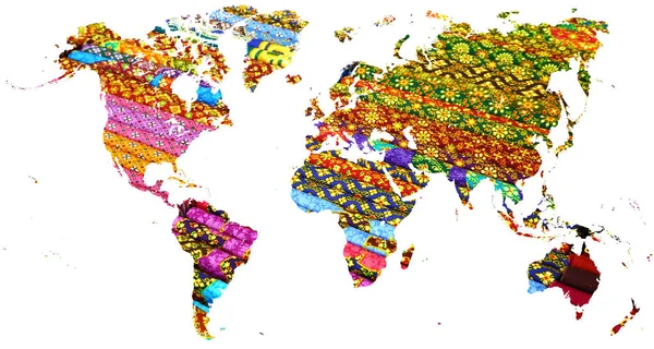 Mapa del mundo recortado en telas tailandesas multicolores —  Fotos de Stock