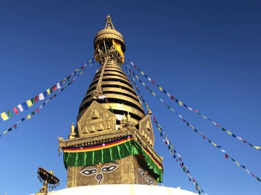 Nepal Katmandu 'daki Swayambhu tapınağının tepesinde. 