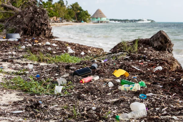 Plastic afval gewassen op Caribbean Beach — Stockfoto