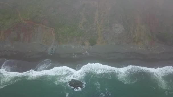 Luchtfoto van de Oceaan en zwarte zand strand in Noord-Californië — Stockvideo