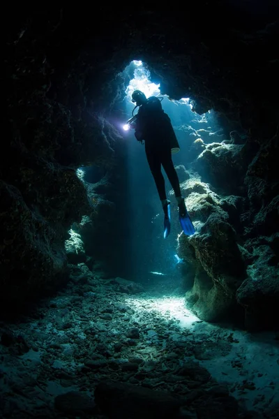 Scuba Diver in Underwater Cavern