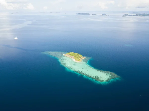 小さな島は Raja Ampat インドネシアで大規模なサンゴ礁に囲まれています この熱帯インドネシア東部地域は コーラル トライ アングル 海洋の生物多様性のための中心として知られています — ストック写真