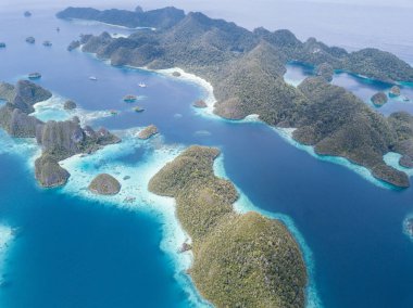 Wayag, Raja Ampat dramatik kireçtaşı adalarda sağlıklı, sığ resifleri ile çevrilidir. Doğu Endonezya bu uzak bölgede deniz biyoçeşitliliği nedeniyle Mercan Üçgeni kalbinde olarak bilinir.