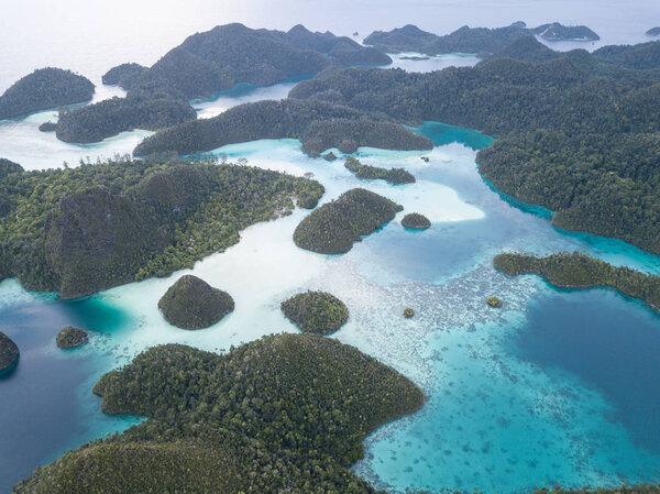 Известняковые острова возвышаются из великолепной лагуны в Ваяге, Раджа Осат, Индонезия. Этот удаленный тропический регион славится своим невероятным морским биоразнообразием
.