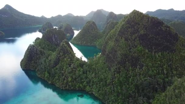 穏やかなラグーンと Wayag、Raja Ampat の岩の島々 の航空写真 — ストック動画