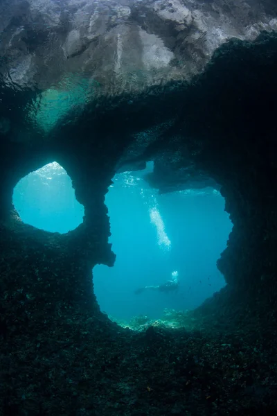 Buceador Explora Arrecife Coral Erosionado Raja Ampat Indonesia Esta Increíble — Foto de Stock