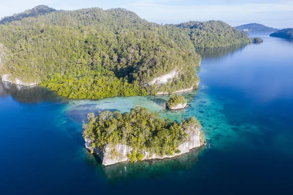 Dramatické Vápencové Ostrovy Lemují Zdravé Korálové Útesy Indonéském Raja Ampat — Stock fotografie