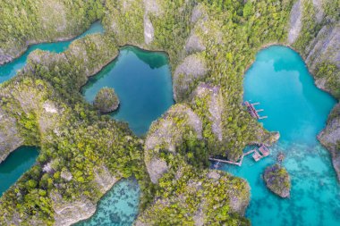Endonezya 'nın Raja Ampat kentindeki sakin deniz manzarasından engebeli kireçtaşı adaları yükselir. Bu tropikal bölge inanılmaz deniz biyolojik çeşitliliği nedeniyle Mercan Üçgeni 'nin kalbi olarak bilinir..