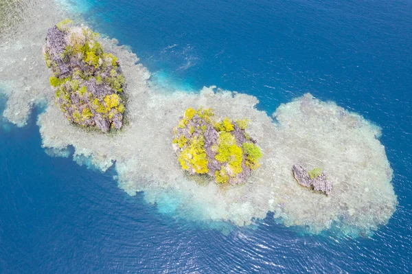 인도네시아의 바트에서 발견되는 아름다운 변동으로 솟아오른 고대의 산호초들 산호초들로 둘러싸여 — 스톡 사진