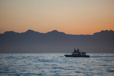 Güney Afrika 'daki False Bay' de huzurlu bir şafak söküyor. Cape Town 'un doğusundaki güzel su kütlesi birçok Büyük Beyaz Köpekbalığı da dahil olmak üzere verimli deniz yaşamı ile bilinir..