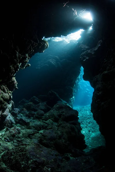 Sunlight seeps into a dark, underwater cavern in the tropical Pacific Ocean. Caves and caverns riddle coral reefs and limestone islands.