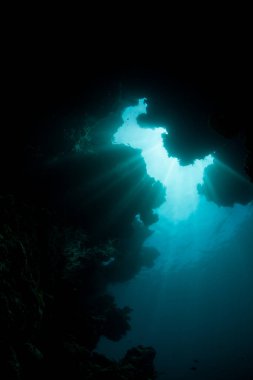 Güneş ışığı Endonezya 'nın Raja Ampat kentindeki bir mercan resifinde bir çatlaktan aşağı iner. Mercan Üçgeni 'ndeki bu uzak, tropikal bölge inanılmaz deniz biyolojik çeşitliliğiyle bilinir..