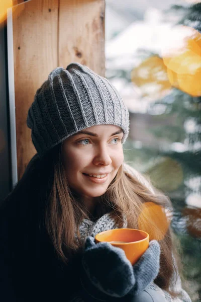 Beautiful Woman Holding Drinking Cup Coffee Cocoa Gloves Sitting Home — Stock Photo, Image