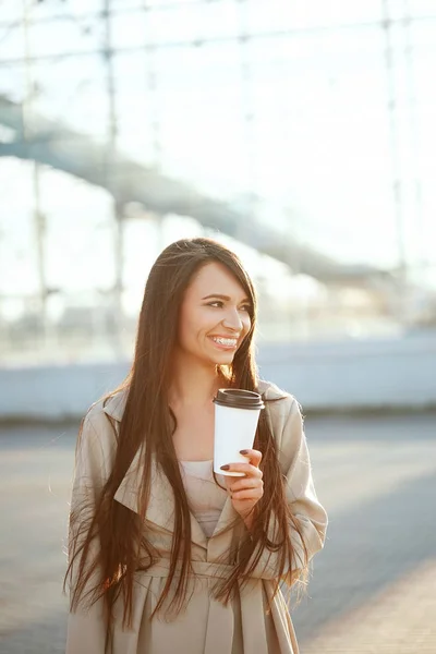 Beautiful Woman Cup Coffee Walking Street Portrait Attractive Young Female — Stock Photo, Image