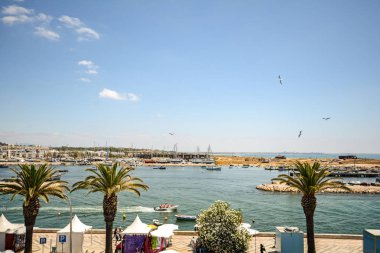 Waterfront - beach promenade ve marina Lagos, Algarve Portekiz ile kıyı şeridi göster