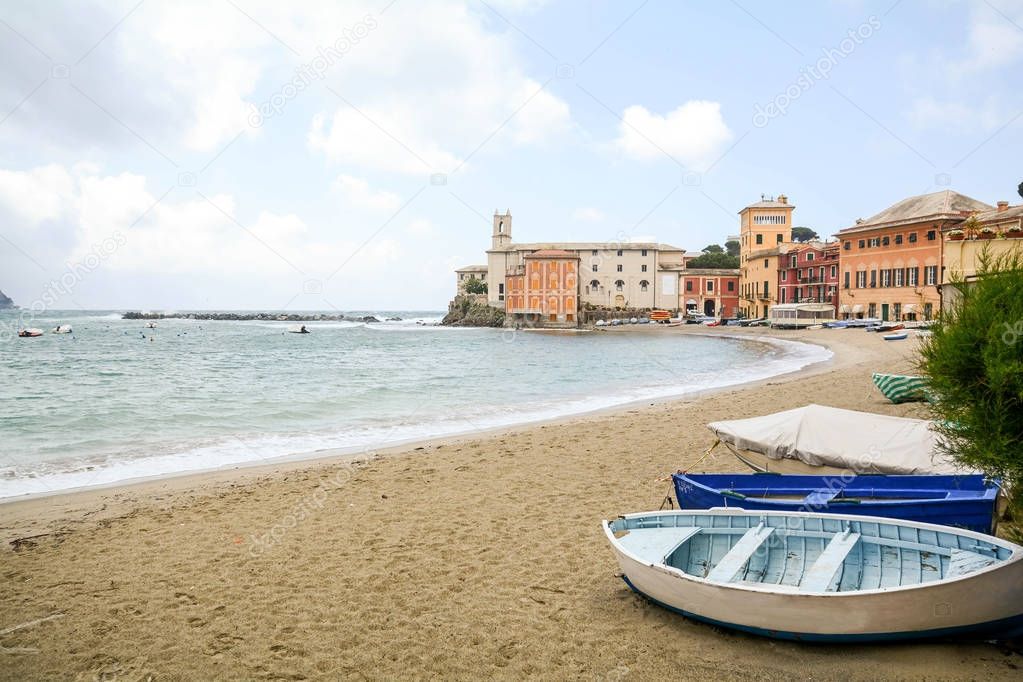 Sestri Levante on the Italian Riviera, Liguria: View of historic old town and Baia del Silenzio beach - Bay of Silence, Italy Europe