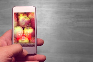 el cep ve bakkal online metin ahşap arka plan üzerinde tutarak