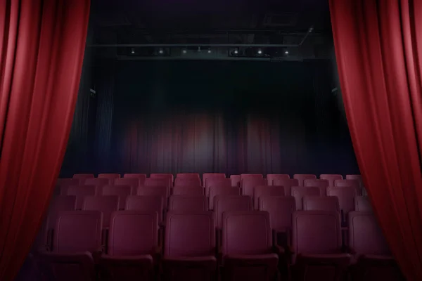Open curtain theater before showtime , empty auditorium. — Stock Photo, Image