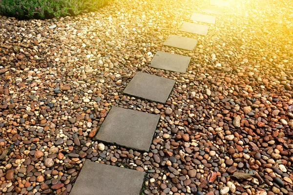 Stenen bestrating kronkelende wandelpad in de tuin — Stockfoto