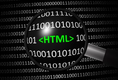 İkili kod Html ve Büyüteç lens ile