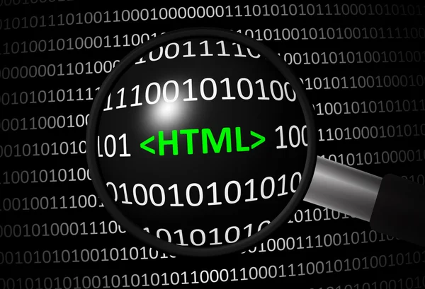 Binärcode mit HTML und Lupe — Stockfoto