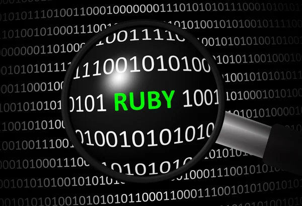 Código binario con RUBY y lente de aumento — Foto de Stock