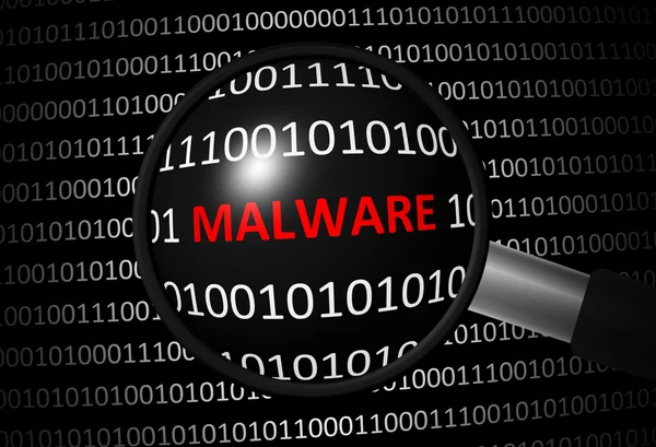 Binaire code met Malware en vergrootglas — Stockfoto