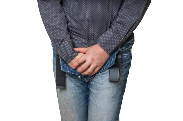 Hombre con las manos sosteniendo su entrepierna, quiere orinar, incontinencia —  Fotos de Stock