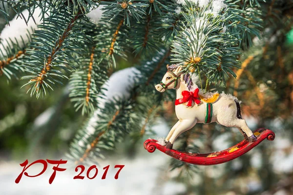 PF 2017 - Rocking horse, closeup of Christmas tree — Stock Photo, Image