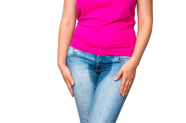Woman with hands holding her crotch - incontinence concept — Stock Image Woman with hands holding her crotch - incontinence concept Stock Picture
