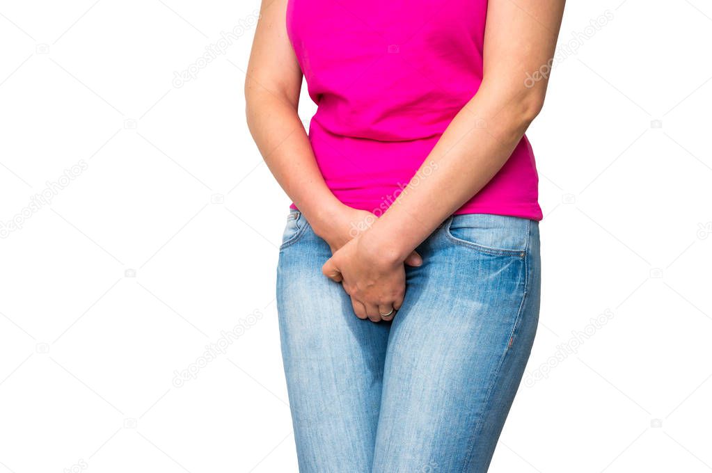 Woman with hands holding her crotch - incontinence concept