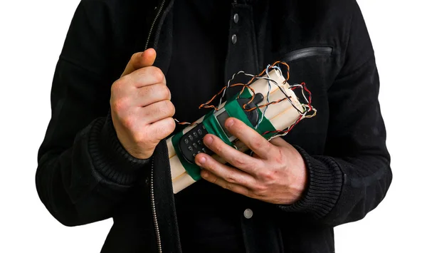 Gevaarlijke terrorist in zwarte jas met dynamiet bom in de hand — Stockfoto