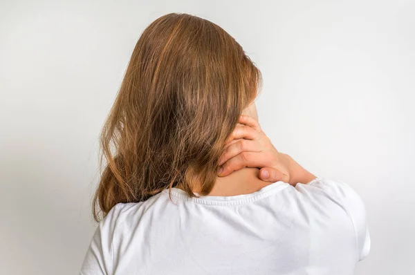 Woman with muscle injury having pain in her neck — Stock Photo, Image