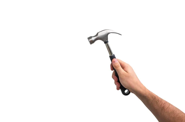 Hammer in der Hand eines Arbeiters isoliert auf weiß — Stockfoto