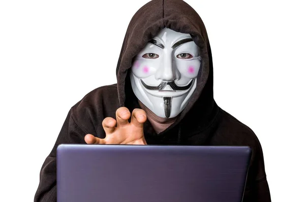 Portrait of man with laptop and vendetta mask isolated on white — Stok Foto