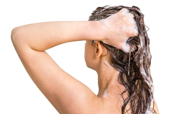 Attraktive Frau beim Haarewaschen mit Shampoo in der Dusche — Stockfoto