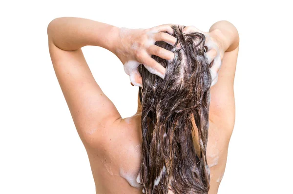 Mujer atractiva lavando el cabello con champú en la ducha —  Fotos de Stock