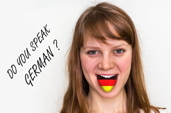 Sprichst du deutsch? Frau mit Fahne auf der Zunge — Stockfoto