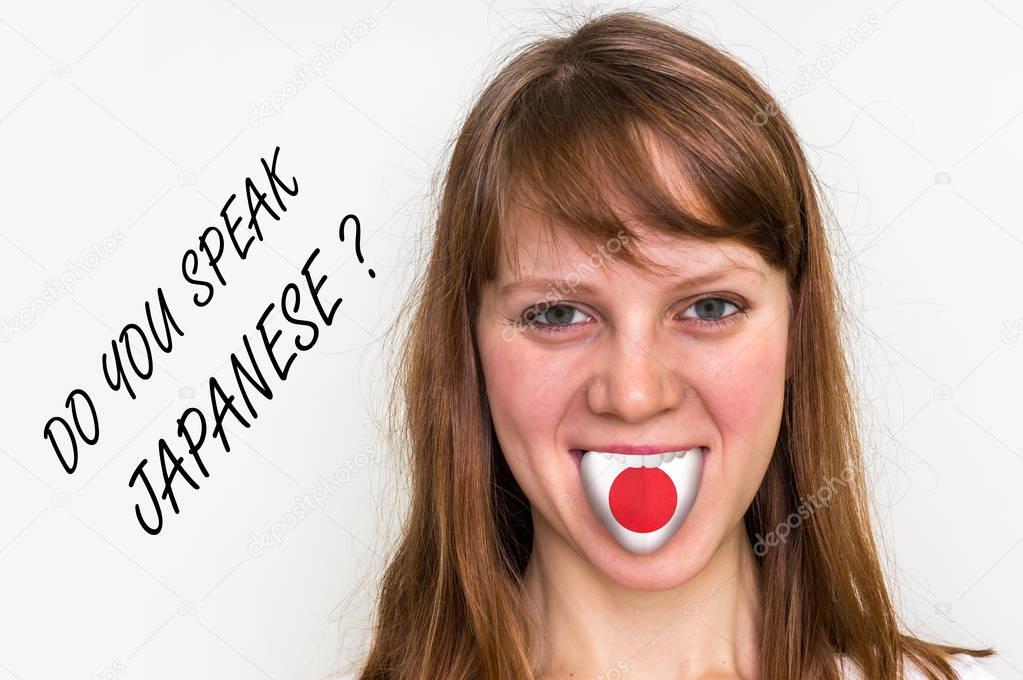 Do you speak Japanese? Woman with flag on the tongue