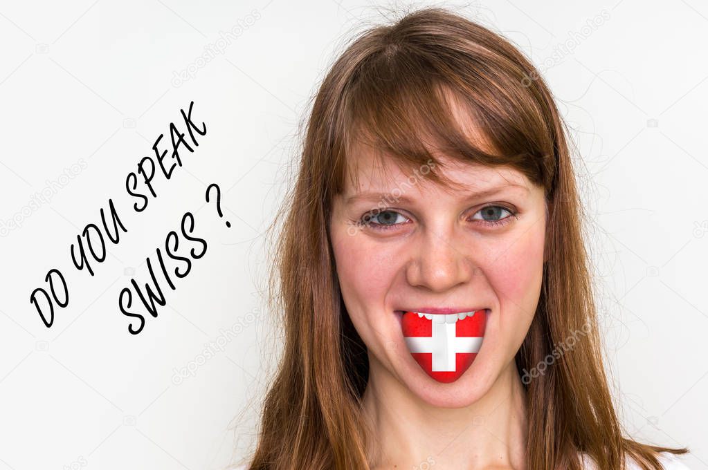 Do you speak Swiss? Woman with flag on the tongue