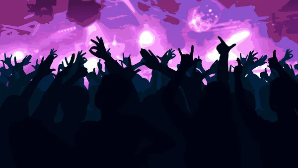 Siluetas de personas bailando delante de luces de escenario brillantes — Vector de stock