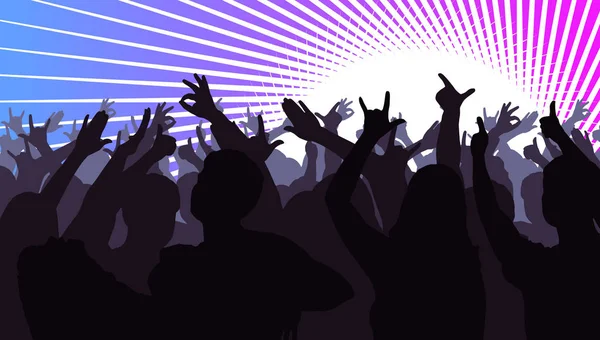 Silhouette di persone che ballano davanti a luci di scena luminose — Vettoriale Stock