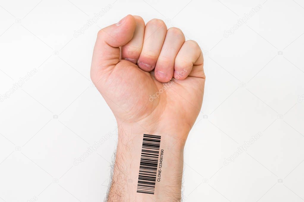 Hand of man with barcode - genetic clone concept