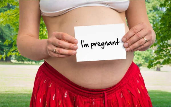 Kobieta w ciąży, trzymając papier z napisem: jestem w ciąży — Zdjęcie stockowe