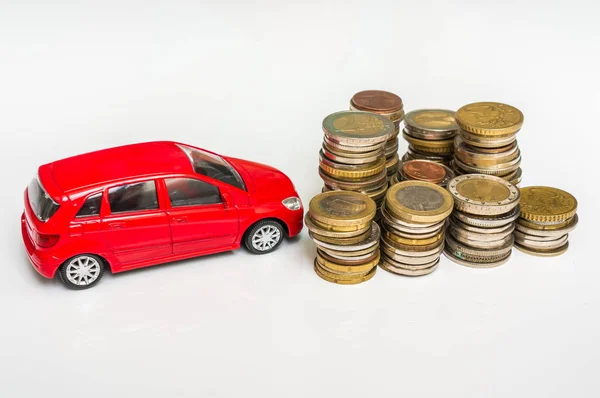 Money and toy car on white - insurance, loan and buying car — Stock Photo, Image